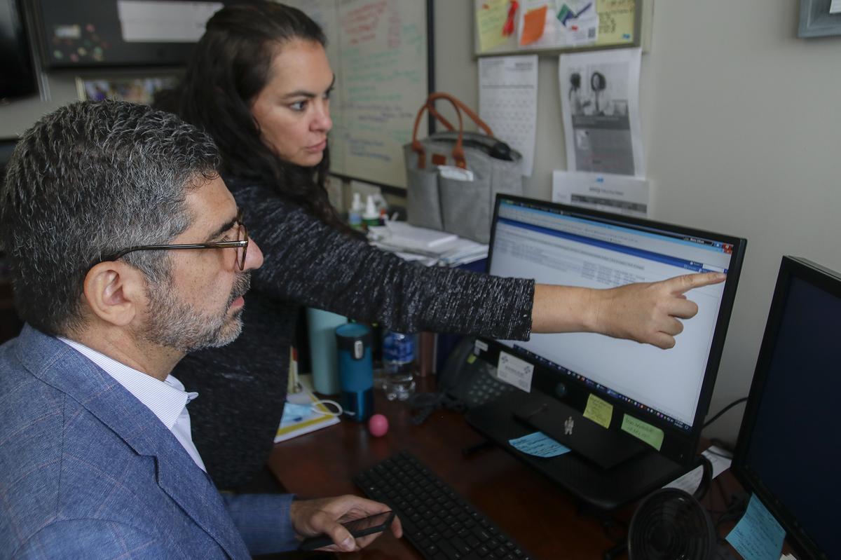 Sierra Vista Hospital is now using AI technology that can spot signs of a stroke in a patient’s CT scan results, then notifies all medical personal working with the patient with the information. This means doctors can respond to the stroke more quickly than beforeDr. Moussa Yazbeck, stroke medical director, left, and Maria Irthum, neuroscience coordinator both Tenet Health Central Coast demonstrate the AI software.