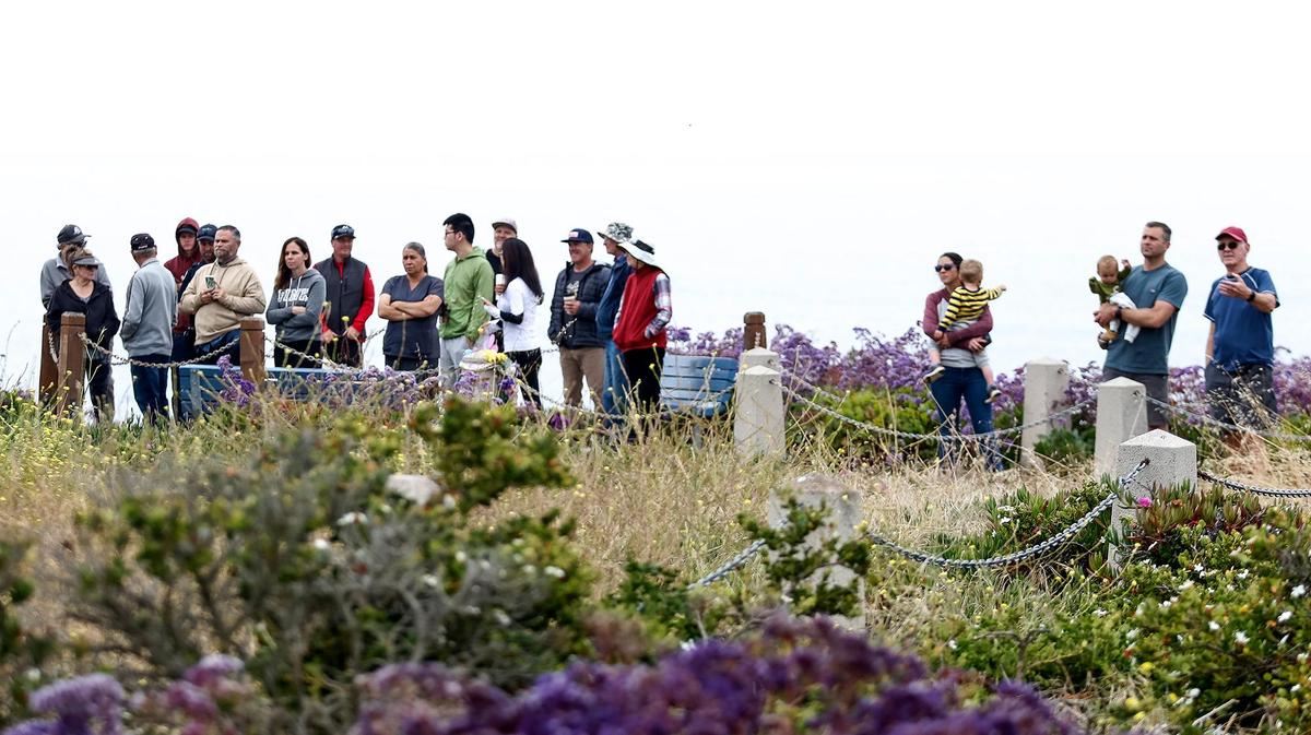 A crowd watches first responders rescue Shell Beach resident Ryan McCormick and his dog Rosie from the bottom of a cliff at Dinosaur Caves on Thursday, June 29, 2023.