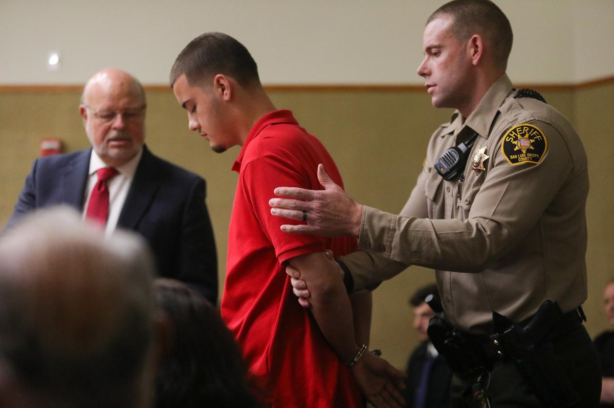 Nikko Anaya, 20, is taken into custody after sentencing, at left is attorney Robert Sanger. Anaya, of Manteca, was sentenced Wednesday to 364 days in San Luis Obispo County Jail. Though initially charged with felony human trafficking of a minor for sex, two defendants agreed to plead no contest to a felony kidnapping charge in April.