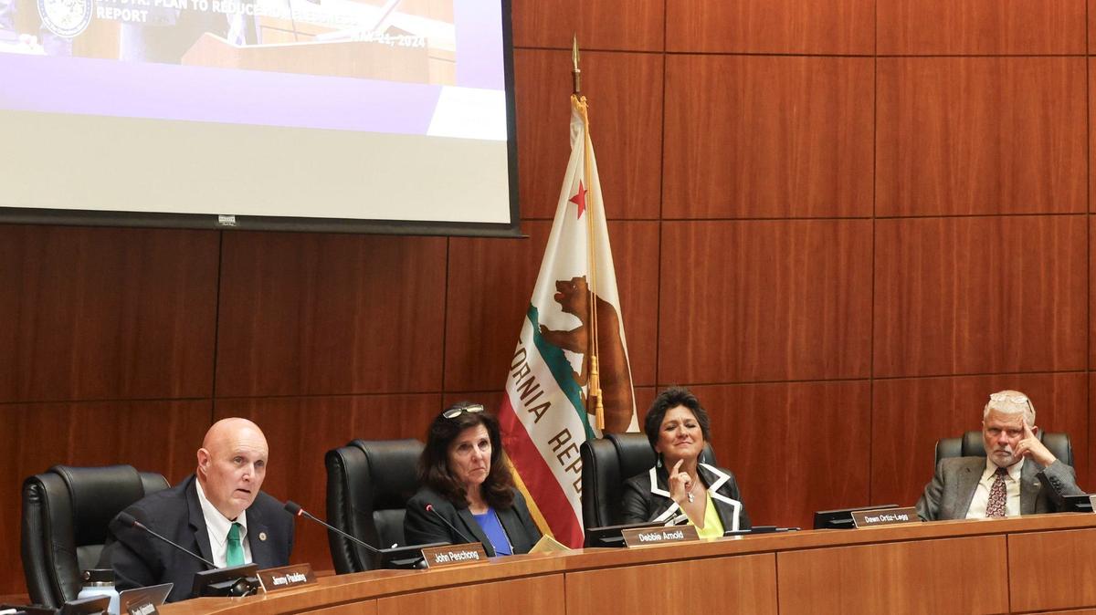 Supervisors from the left, Jimmy Paulding, John Peschong , Debbie Arnold, Dawn Ortiz-Legg and Bruce Gibson at the San Luis Obispo County Board of Supervisors meeting on May 21, 2024.