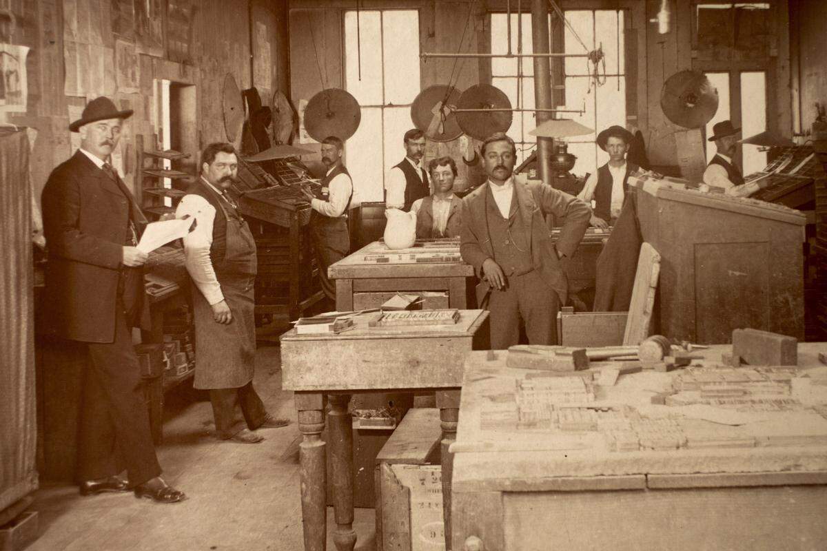 This picture of the old Tribune typesetting room comes to the Telegram-Tribune Centurama edition courtesy of the San Luis Obispo County Historical Society. Pictured in the foreground at left Benjamin Brooks, longtime editor; Richard Leland, center J.K. Tuley former owner/editor. The picture appears to have been taken in the Chorro Street building in the 1890s.