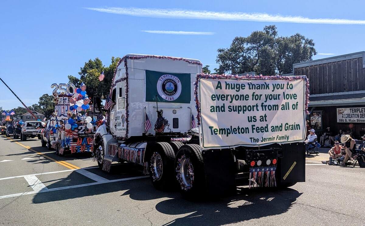 A parade entry thanked the Templeton community for its support following last year’s Templeton Feed & Grain fire during Templeton’s annual Fourth of July Parade on Saturday, July 4, 2026.