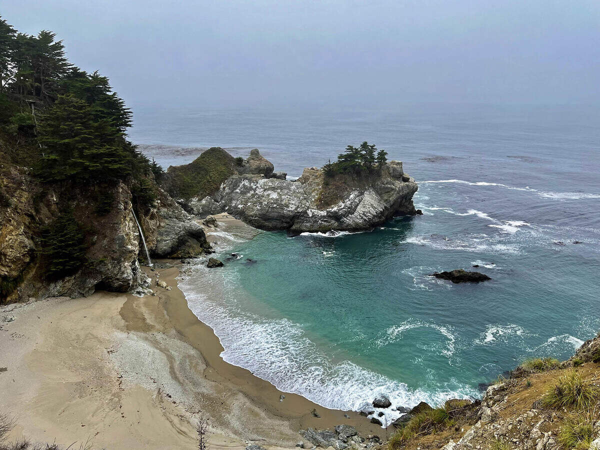 Scenic McWay Falls in Big Sur under heavy coastal fog on Aug. 4, 2022.