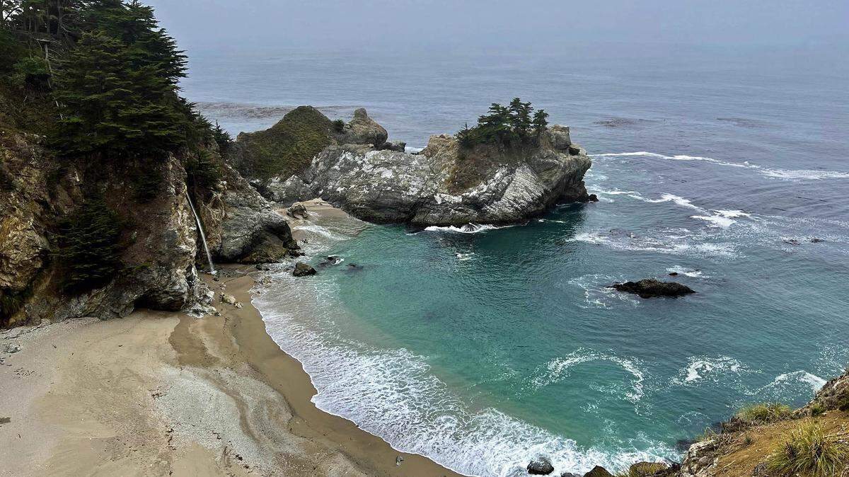 Scenic McWay Falls in Big Sur under heavy coastal fog on Aug. 4, 2022.