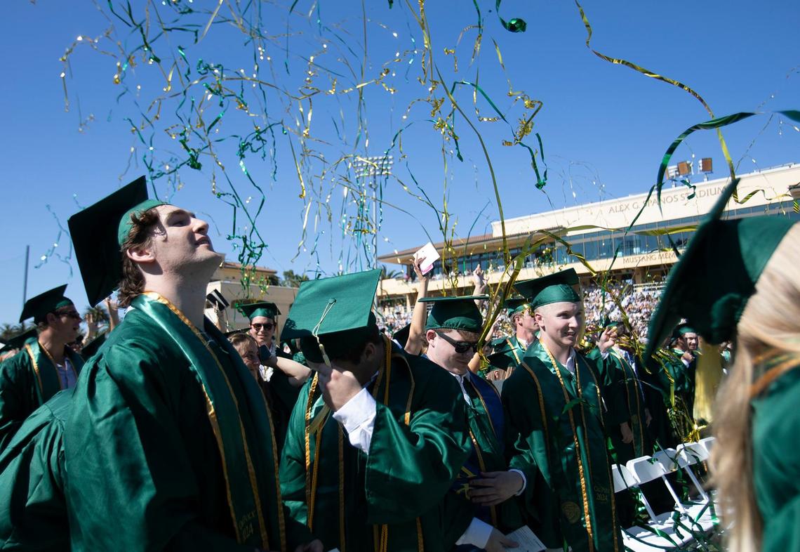 Cal Poly kicked off graduation weekend with three ceremonies on June 15, 2024. The university expects to celebrate more than 6,300 graduates throughout the weekend. A group of graduates cheer as the confetti bombs go off.