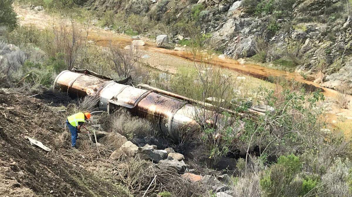 A tanker truck overturned, spilling crude oil into the Cuyama River east of Santa Maria on March 21, 2020.