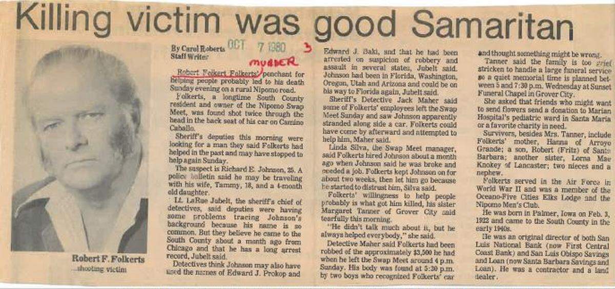 A San Luis Obispo Telegram-Tribune newspaper clipping about Robert Folkert’s October 1980 murder by Edward Prokop.