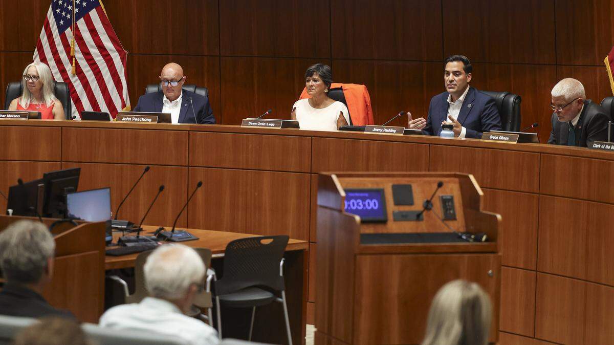 From left, supervisors Heather Moreno, John Peschong, Dawn Ortiz-Legg, Jimmy Paulding and Bruce Gibson take public comment and official presentations on a controversial federal grant, seen here on Aug. 5, 2025.