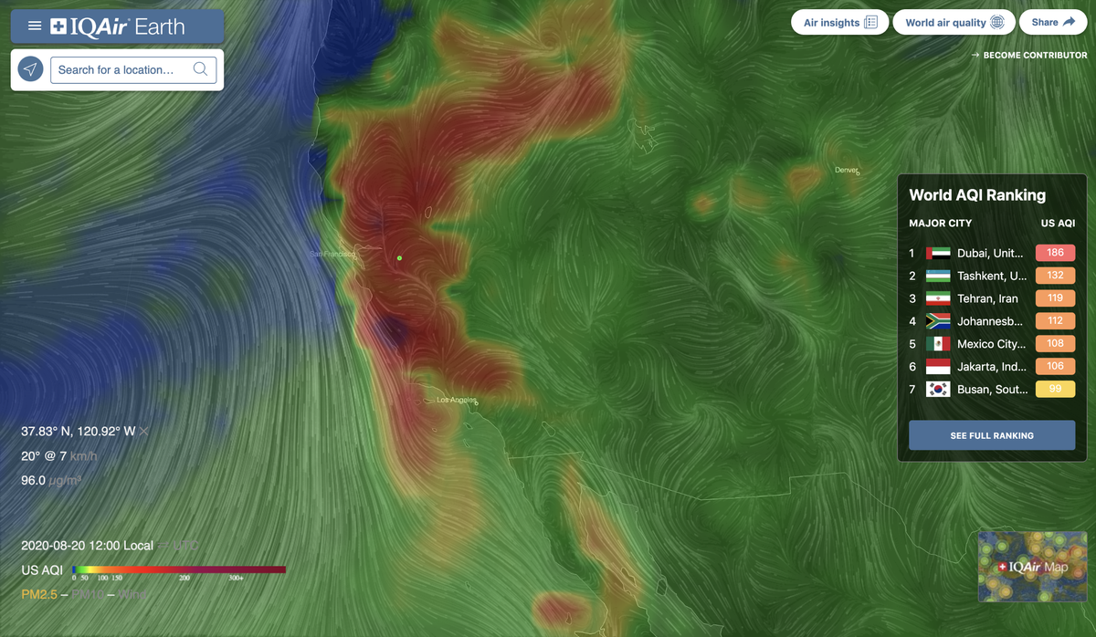The IQAir Earth real-time 3-D animated mode showed a dark purple blob of hazardous air squarely over SLO County at noon on Thursday. It was the densest reading anywhere on the global map.&nbsp;