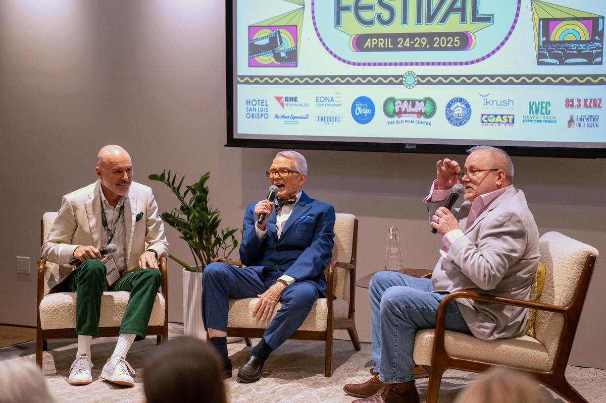 Costume designers Bob Mackie and Joe McFate speak with Cal Poly theater professor Thomas Bernard during a discussion that followed Mackie’s King Vidor Award presentation, pictured here Monday, April 28, 2025. The award was presented by the San Luis Obispo International Film Festival at Hotel San Luis Obispo.