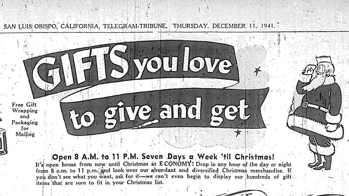 Economy Drug replaces Santa’s traditional cap with a soft military cap in this Telegram-Tribune ad in December 1941, days after the attack on Pearl Harbor.