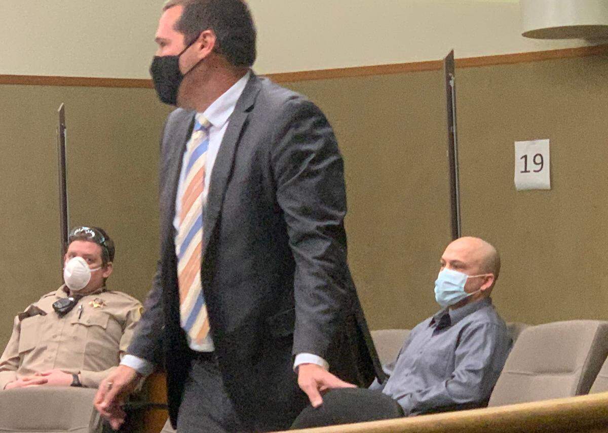 Daniel Raul Rodriguez Johnson, right, listens to testimony during a Feb. 18, 2021, preliminary hearing in San Luis Obispo Superior Court. Johnson is facing two counts of murder for the stabbing death of his pregnant girlfriend, 27-year-old Carrington Broussard of Heritage Ranch, and the death of the couple’s unborn child in March 2019.