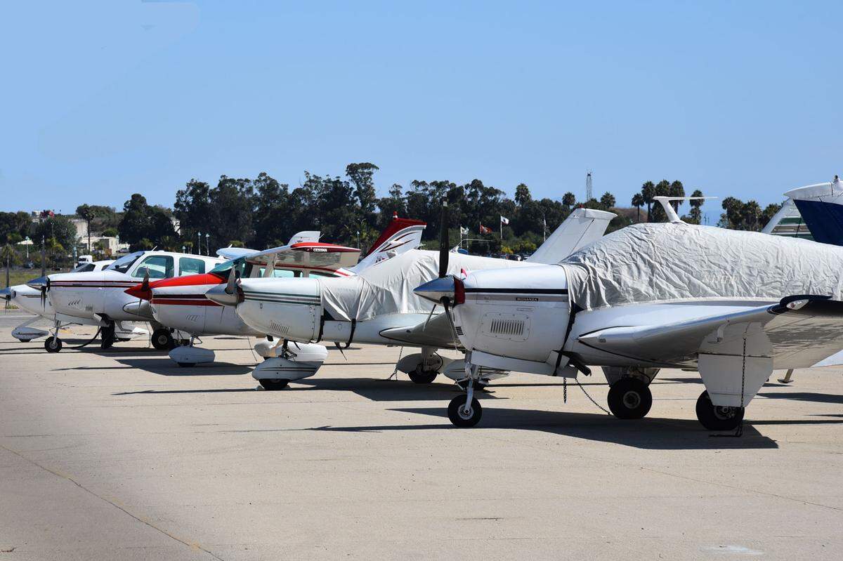 Small general aviation aircraft parked at the Santa Barbara Municipal Airport. Airport officials report that general aviation activity has increased in recent months.