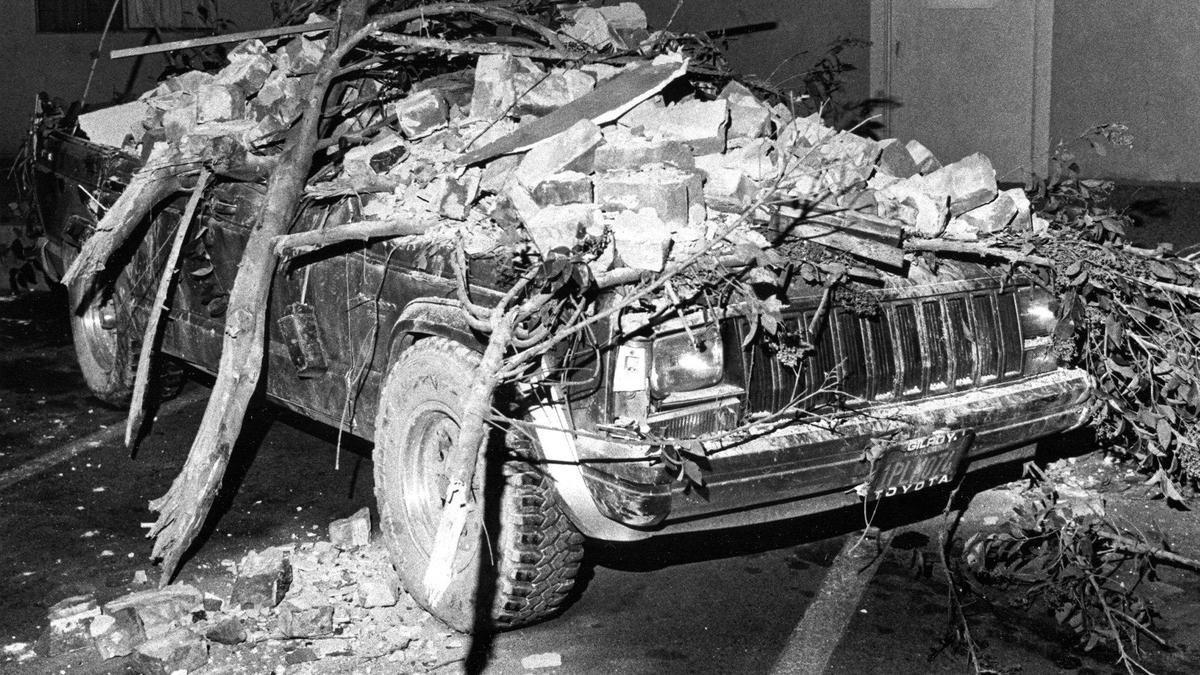A jeep crushed by falling bricks in Hollister in the wake of the Loma Prieta Earthquake Oct. 17, 1989. Fortunately there were no deaths recorded in Hollister.