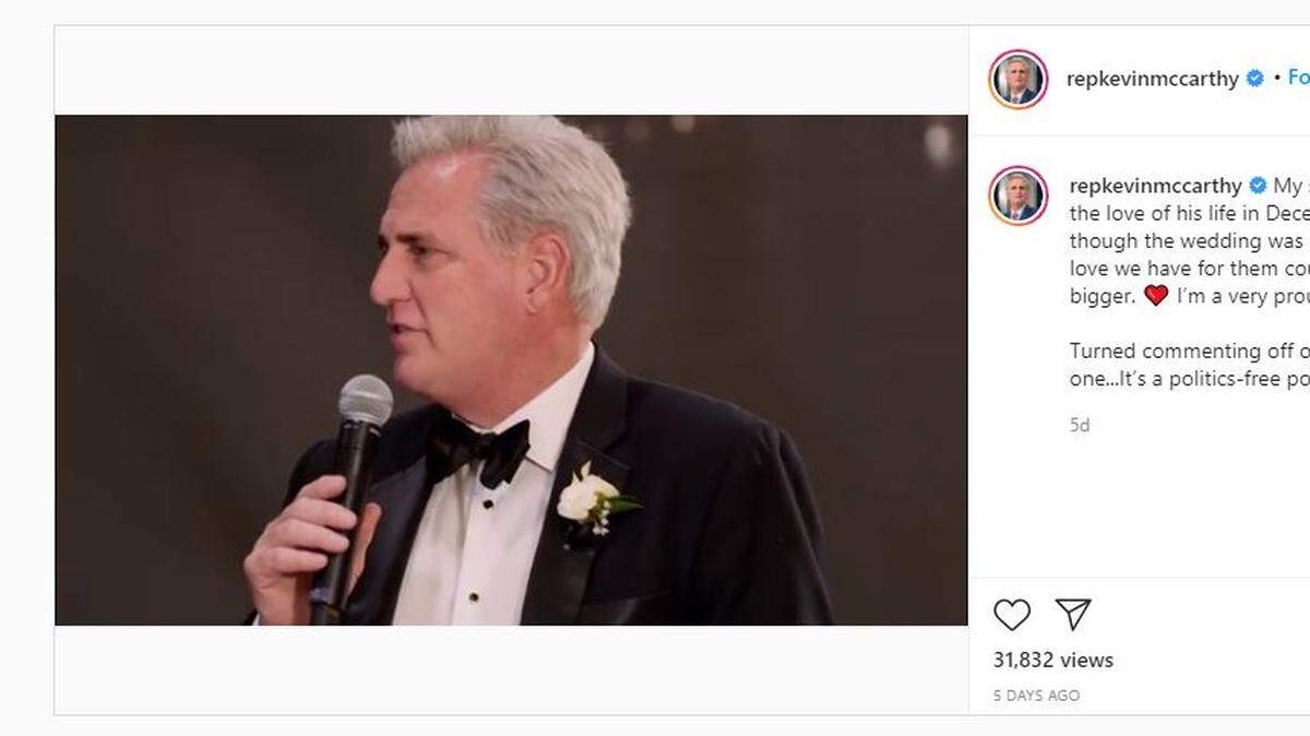 A screen grab from House Minority Leader Kevin McCarthy’s Instagram page showing his son’s wedding in San Luis Obispo County.