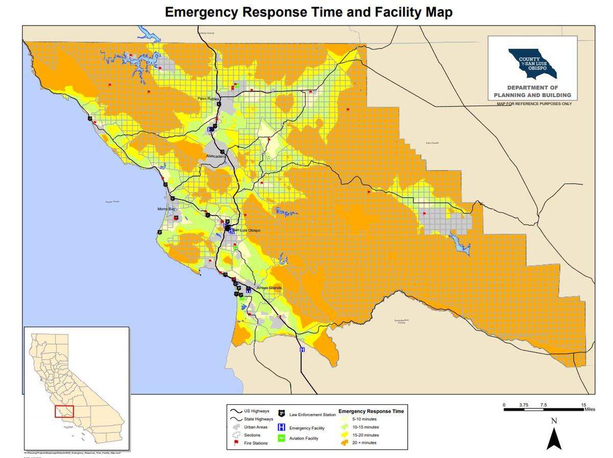 The emergency response time to much of San Luis Obispo County’s rural areas is more than 20 minutes, as shown by the orange areas on this map. Response times are generally much shorter in cities. Small tan areas shown in this map reflect a response time of 5 to 10 minutes, green areas are 10 to 15 minutes and bright yellow are 15 to 20 minutes.