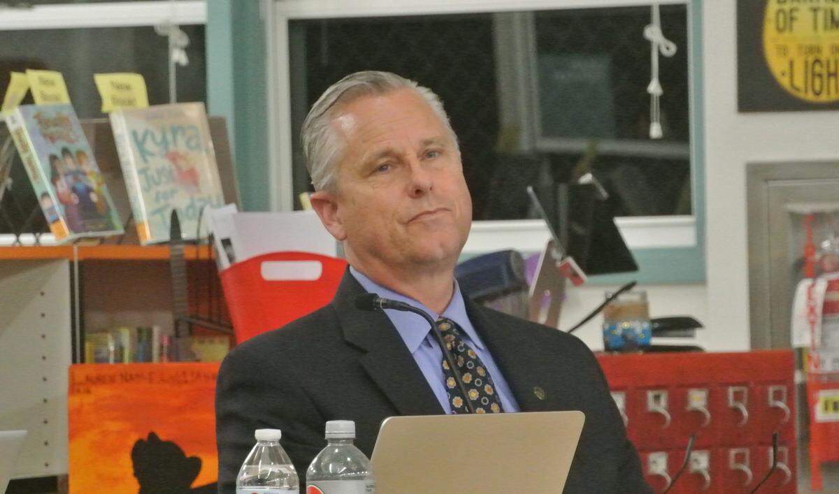 San Luis Coastal superintendent Eric Prater listens as community members make emotional pleas to prevent the district from cutting five counseling positions on Tuesday, February 18, 2025.