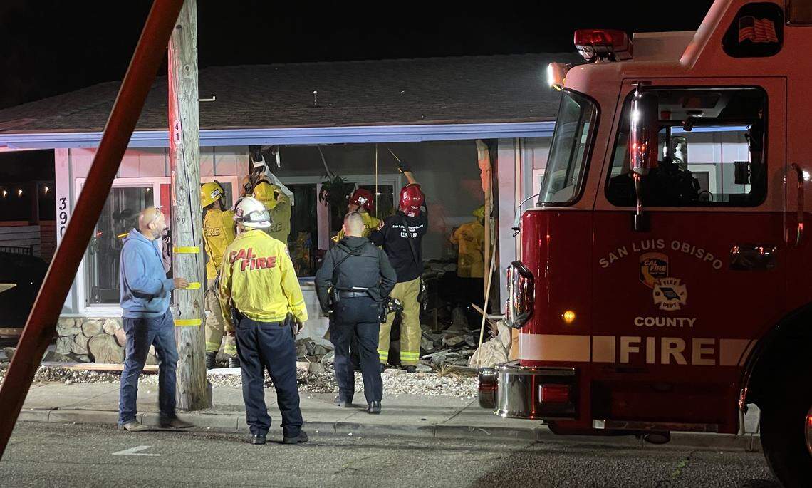 A car crashed into the Ocean Palms Motel in Pismo Beach on Sept. 24, 2025, injuring three people. The building was declared unstable and crews were working to clear the area.