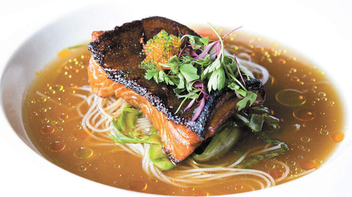 Charred black cod with rice noodles and miso broth.