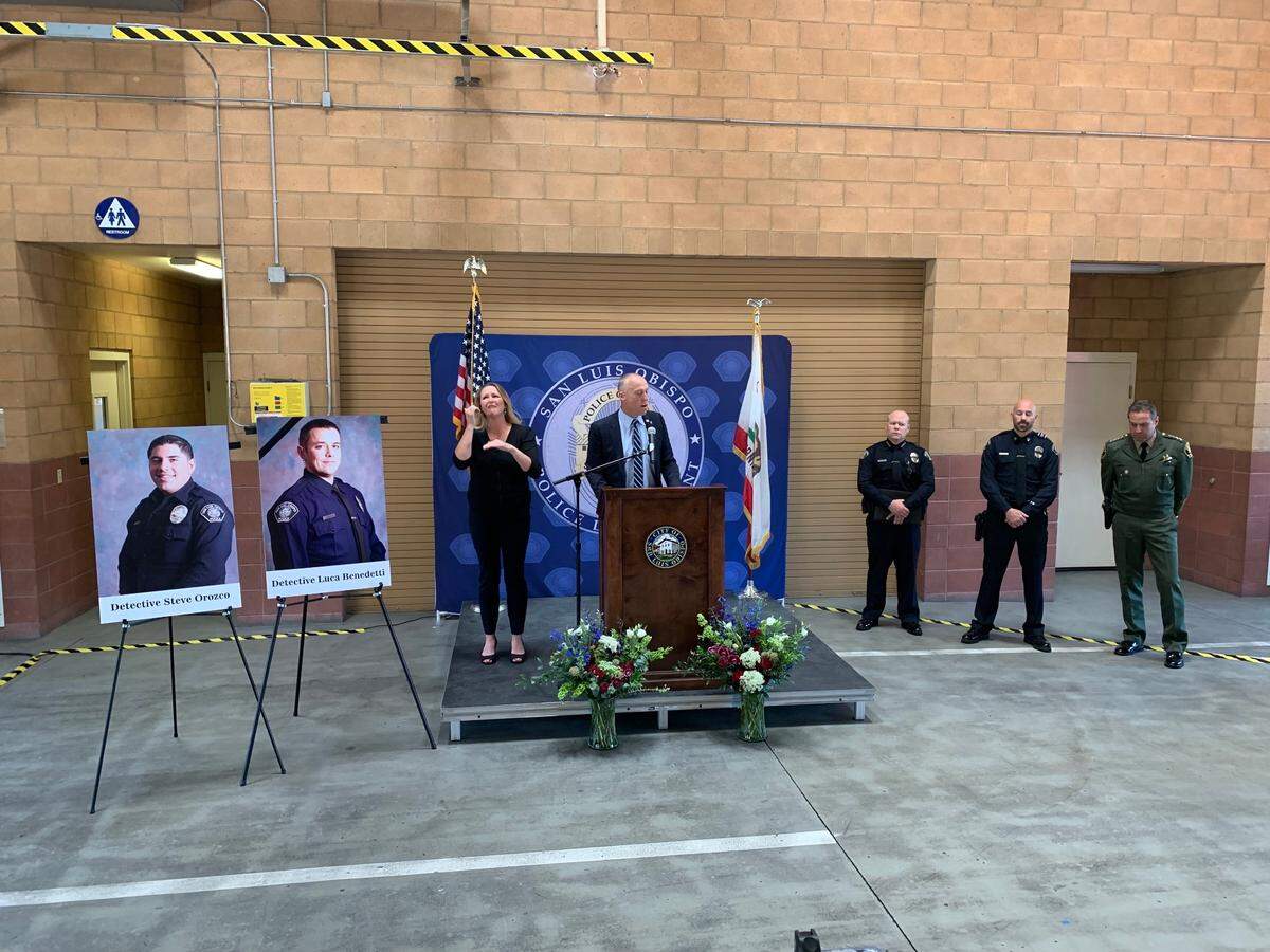 San Luis Obispo city manager Derek Johnson speaks Tuesday, May 11, 2021, at a news conference at Fire Station 1 about a police officer-involved shooting that left one officer dead and another wounded.