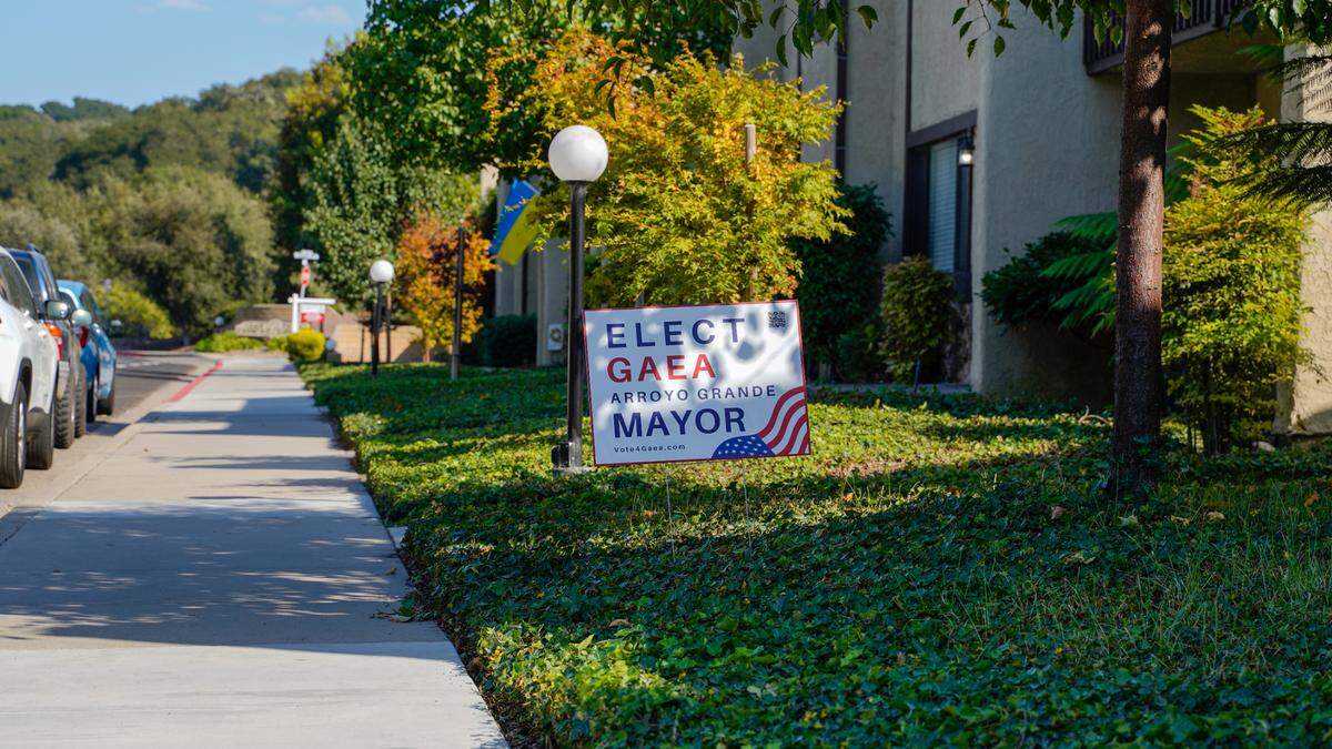 A campaign sign is planted in the lawn in front of the Oak Park Leisure Gardens condominium on James Way, where Gaea Powell is registered to run as a candidate for Arroyo Grande mayor. She has a second residence on Heritage Lane, outside of the city limits.
