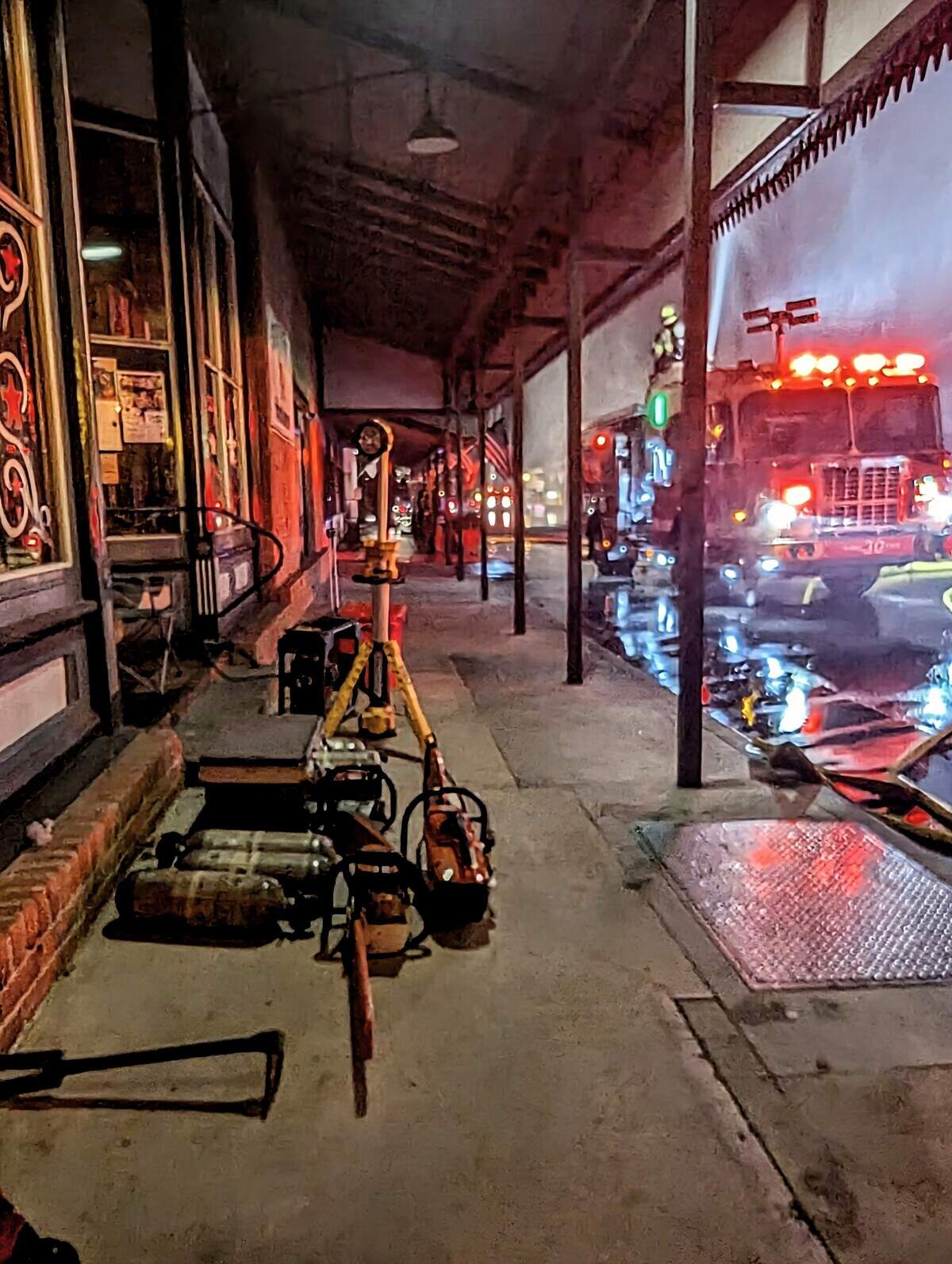 Firefighters remained on scene during overnight operations following the Feed & Grain fire on July 5, 2025. Crews continued working into the early morning hours as the response entered its next phase.
