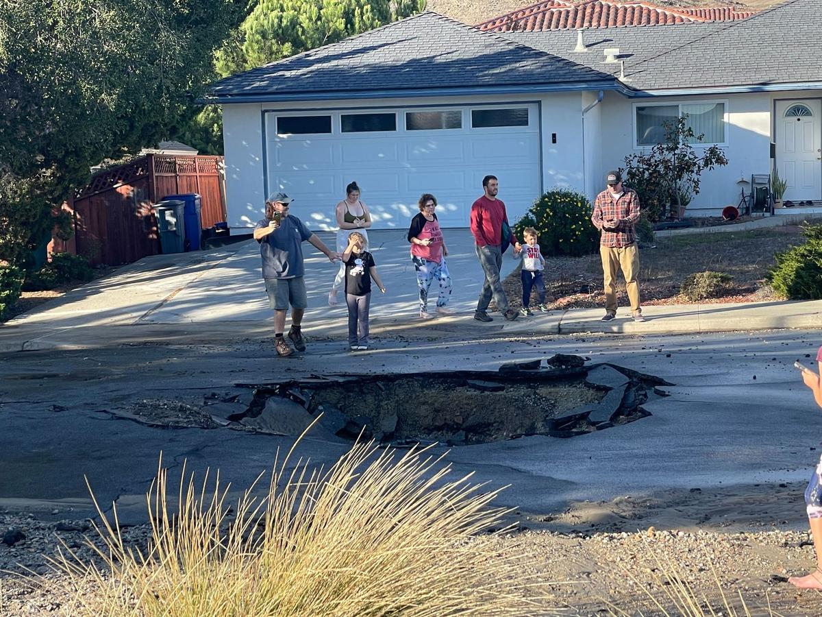A City of San Luis Obispo truck got stuck in this sinkhole, which developed at the intersection of Calle Lupita and Calle Jazmin in San Luis Obispo on Wednesday, Nov. 2, 2022.