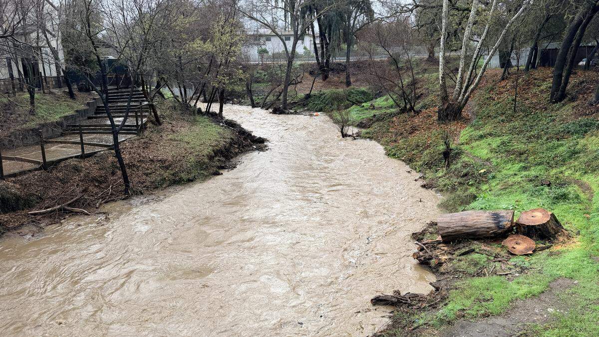 A rain-swollen Atascadero Creek flows under El Camino Real on Dec. 25, 2025.