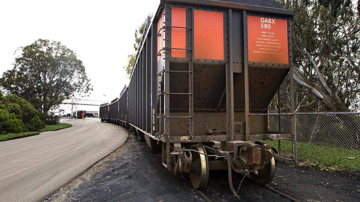 Rail cars sit on a rail line at the Phillips 66 refinery on the Nipomo Mesa not far from the main tracks that pass by the refinery.
