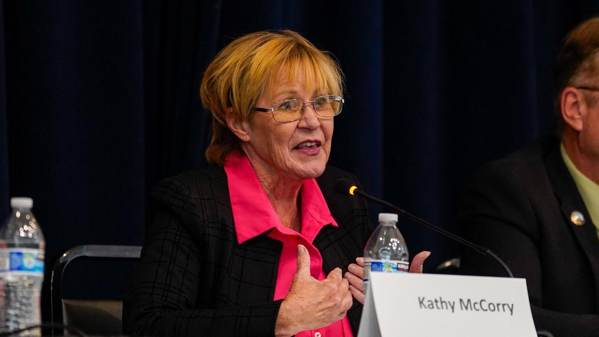Grover Beach District 3 City Council candidate Kathy McCorry speaks at a forum hosted by the League of Women Voters Tuesday, Sept. 17, 2024.