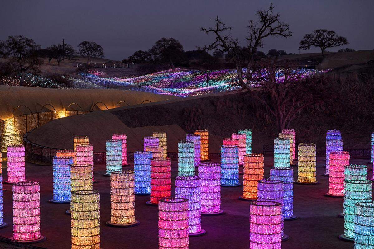 Sensorio will have a new attraction when it reopens: 69 “Light Towers” made of 17,000 wine bottles filled with glowing optic fibers that change colors in time with music.