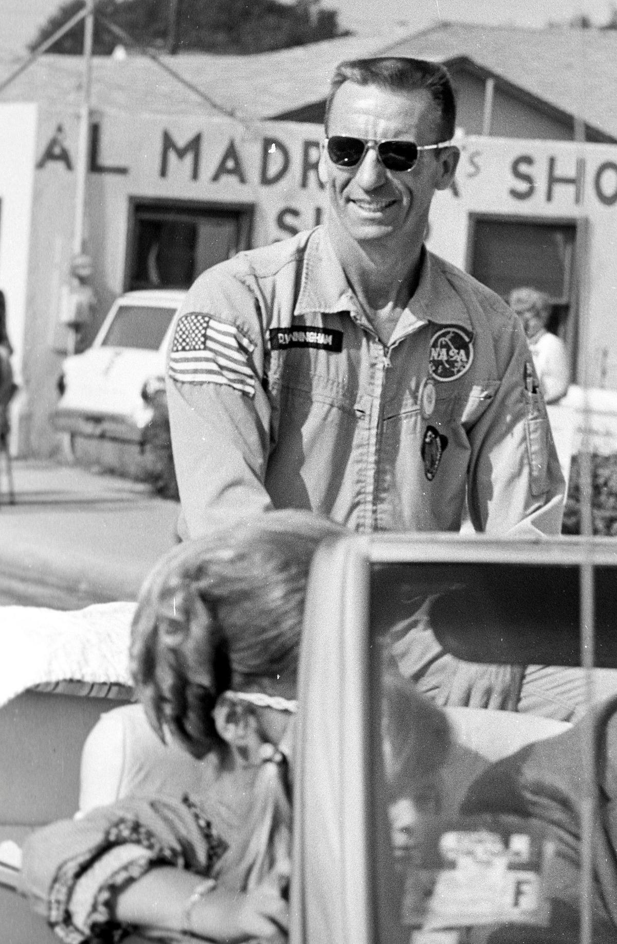 Walter Cunningham, a real NASA astronaut pilot of Apollo VII two years earlier, during the 33rd annual Harvest festival parade in Arroyo Grande on Oct. 12, 1970.