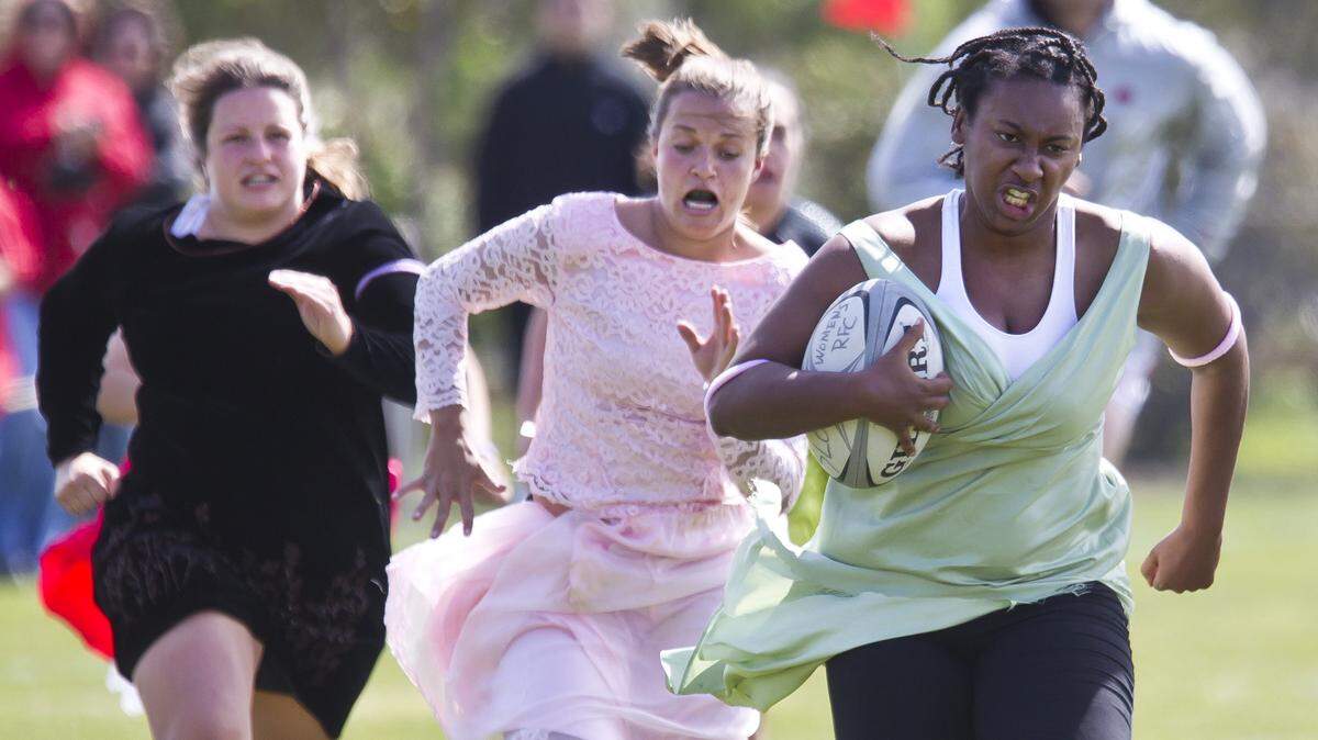 SLO Women's Rugby battles Belmont Shores in this year's Prom Dress Rugby match in SLO.