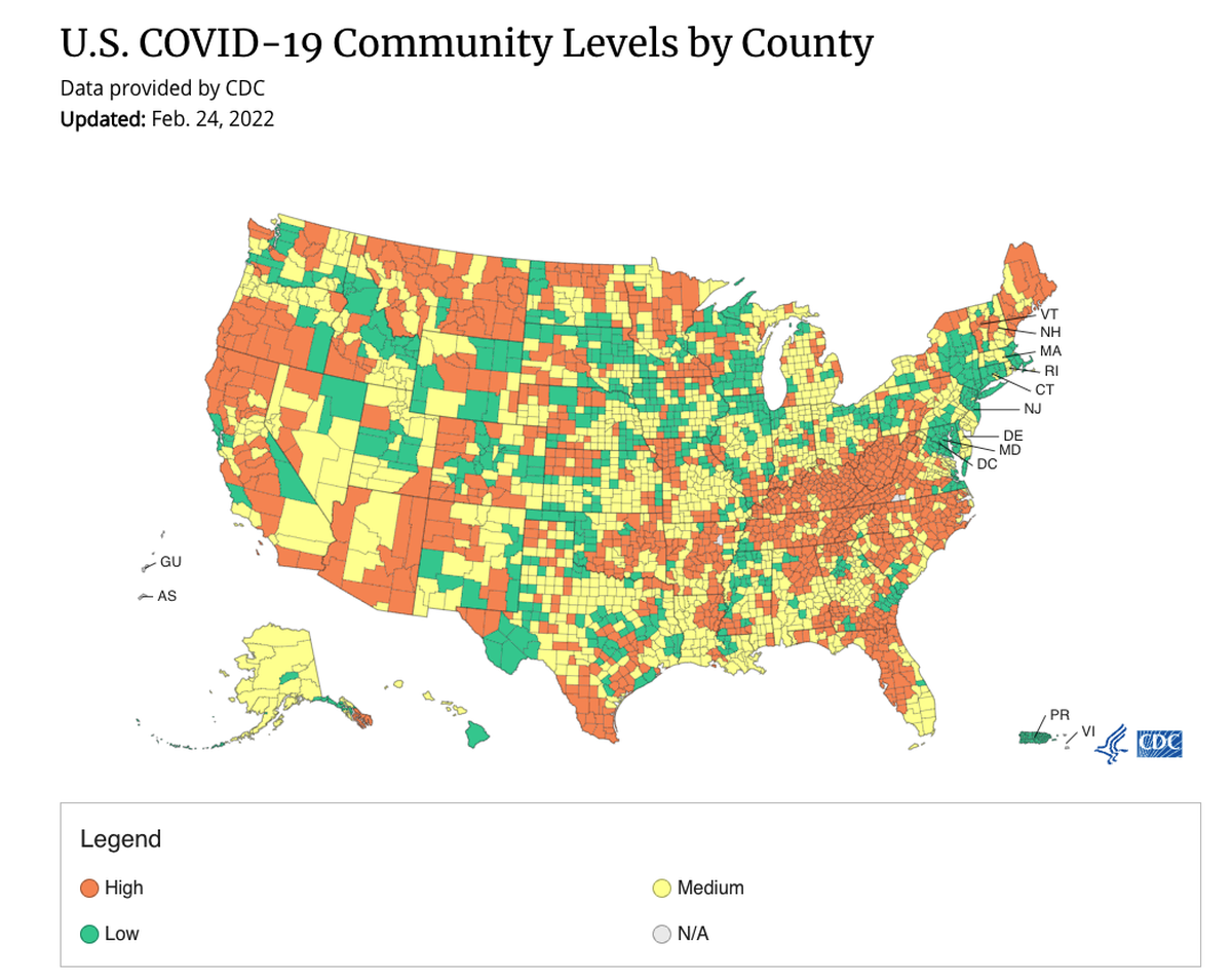 A new CDC scale ranks counties as low, medium or high risk for COVID-19. San Luis Obispo County is one of eight in California ranked low-risk as of Feb. 25, 2022.