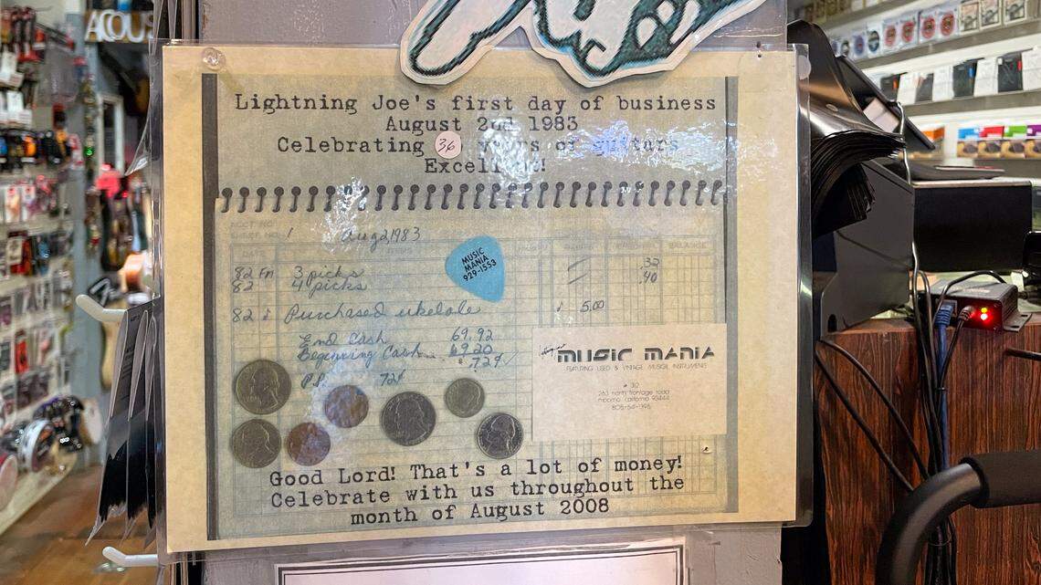 The original profits Lightning Joe’s Guitar Heaven earned at the Nipomo Swapmeet & Fleamarket in 1983 hang on the wall in store on Branch Street on Arroyo Grande. After spending five years selling at the Swapmeet, the business moved into the former Bank of Arroyo Grande building in 1988, where it has been ever since.