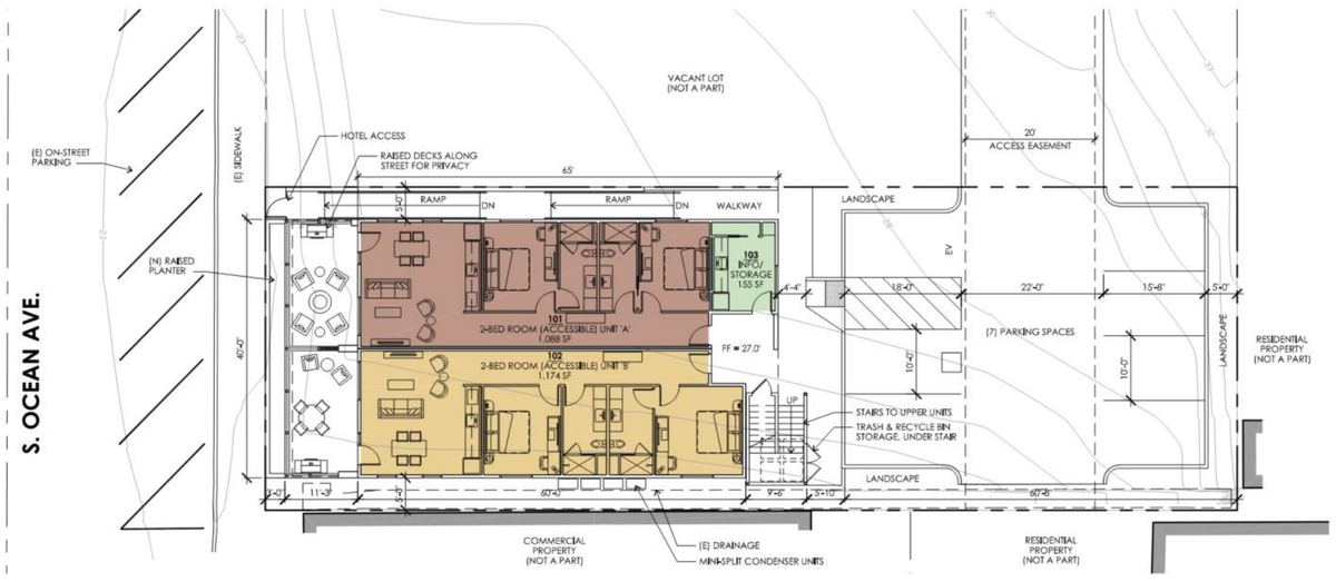 NeNe’s Place is a three-unit motel planned for South Ocean Avenue near the corner of East Street in Cayucos. The development’s rooms are broken into two bedrooms, two bathrooms and a living room space totaling just under 1,200 square feet.