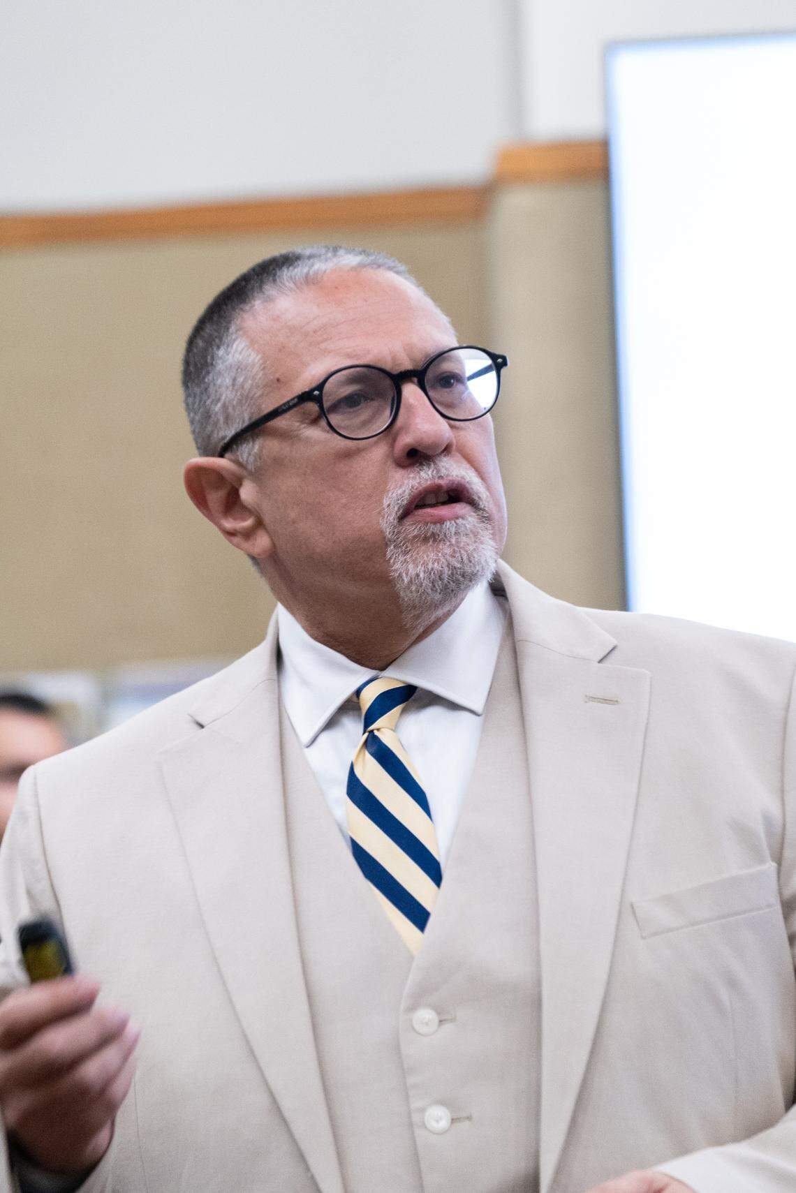 Defense attorney Richard Steele gives opening statements to the jury hearing the case against his client, Joshua Murphy, in San Luis Obispo Superior Court on June 17, 2025. Murphy and his co-defendants, Tremaine Jones and Heather Hunt, are accused of conspiring together and sex trafficking a 15-year-old girl. 