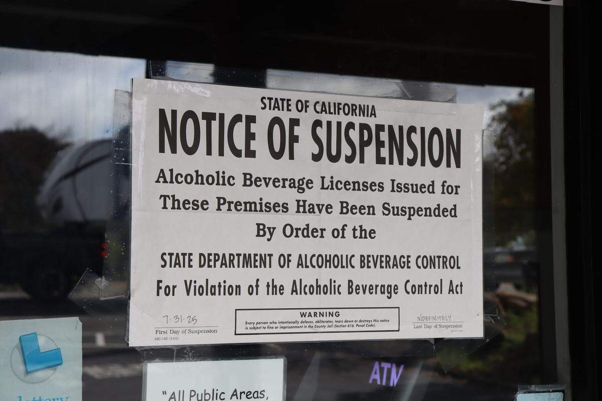 Outlaws Card Parlor’s liquor license was indefinitely suspected in July, according to a sign on the building seen here on Feb. 18, 2026.