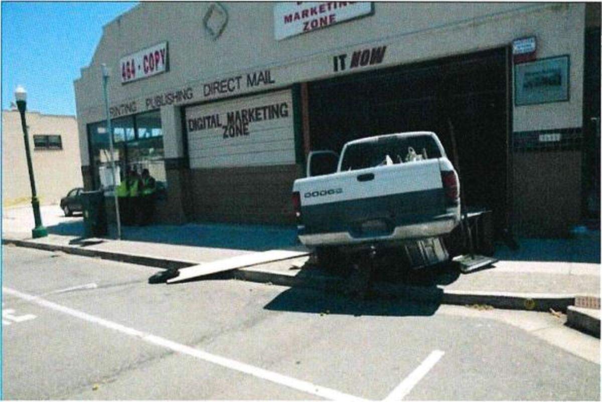 A screen shot from a District Attorney’s Office report shows where Gary Roger Reynolds crashed his truck into a vacant building on El Camino Real on July 6, 2016, leading to a confrontation with Atascadero police.