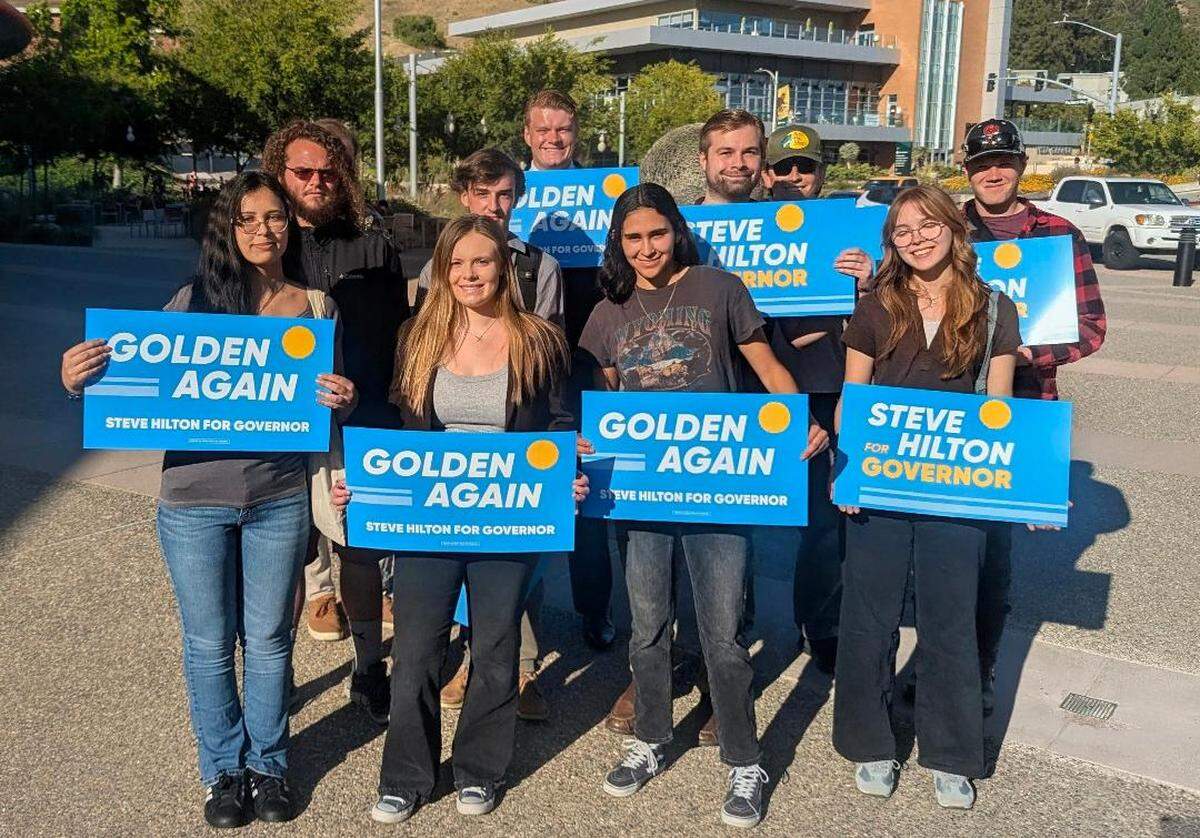 Members of the Cal Poly College Republicans pose for a photo before Steve Hilton’s town hall Sunday, May 24, 2026, at the Performing Arts Center in San Luis Obispo.