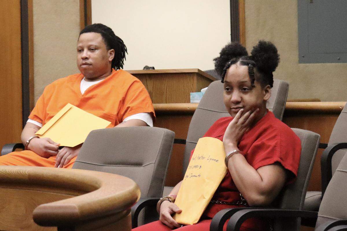 Joshua Murphy, left, and Heather Hunt wait for their sentences with  co-defendant Tremaine Jones in San Luis Obispo Superior Court on Oct. 1, 2025. Murphy, Hunt and Jones were convicted of conspiring together and sex trafficking a 15-year-old girl. Murphy was also found guilty of possessing child pornography and committing sex acts on a 15-year-old. Hunt’s jury found that she used force or fear in trafficking a minor, with a maximum potential punishment of life in prison.