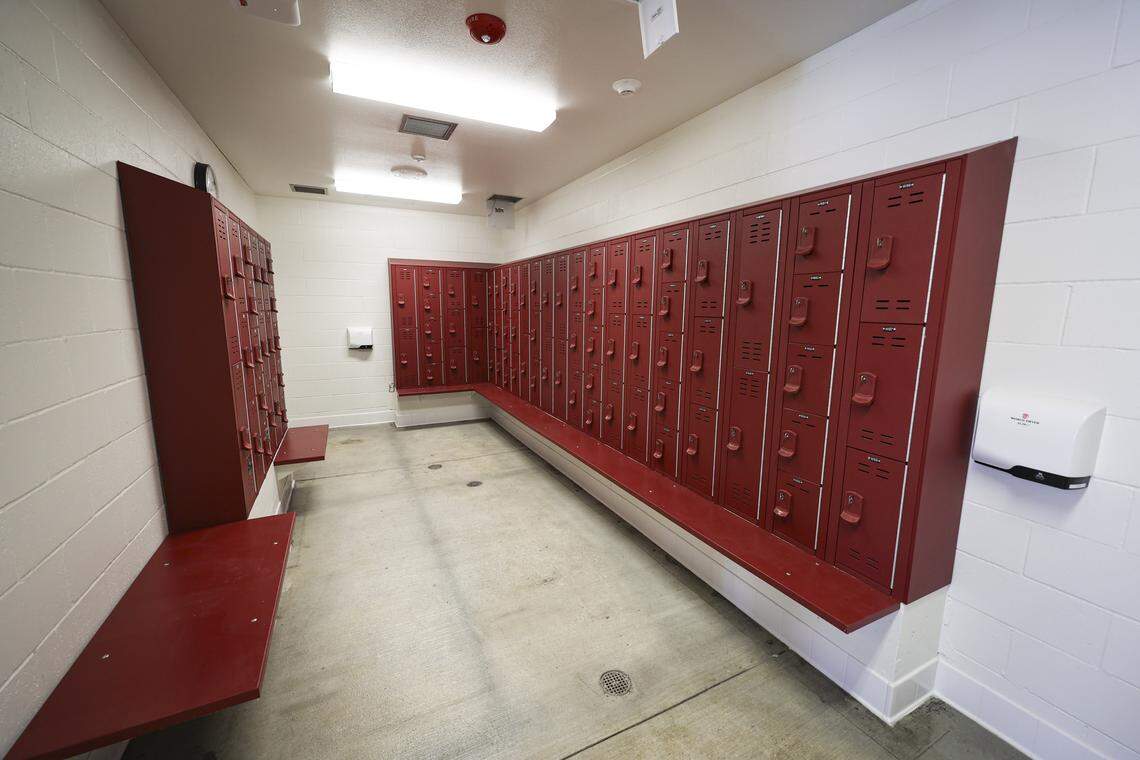 One of the locker rooms. The eagerly anticipated aquatic center at Paso Robles High School was undergoing final finish work on March 5, 2026, the day before dedication.