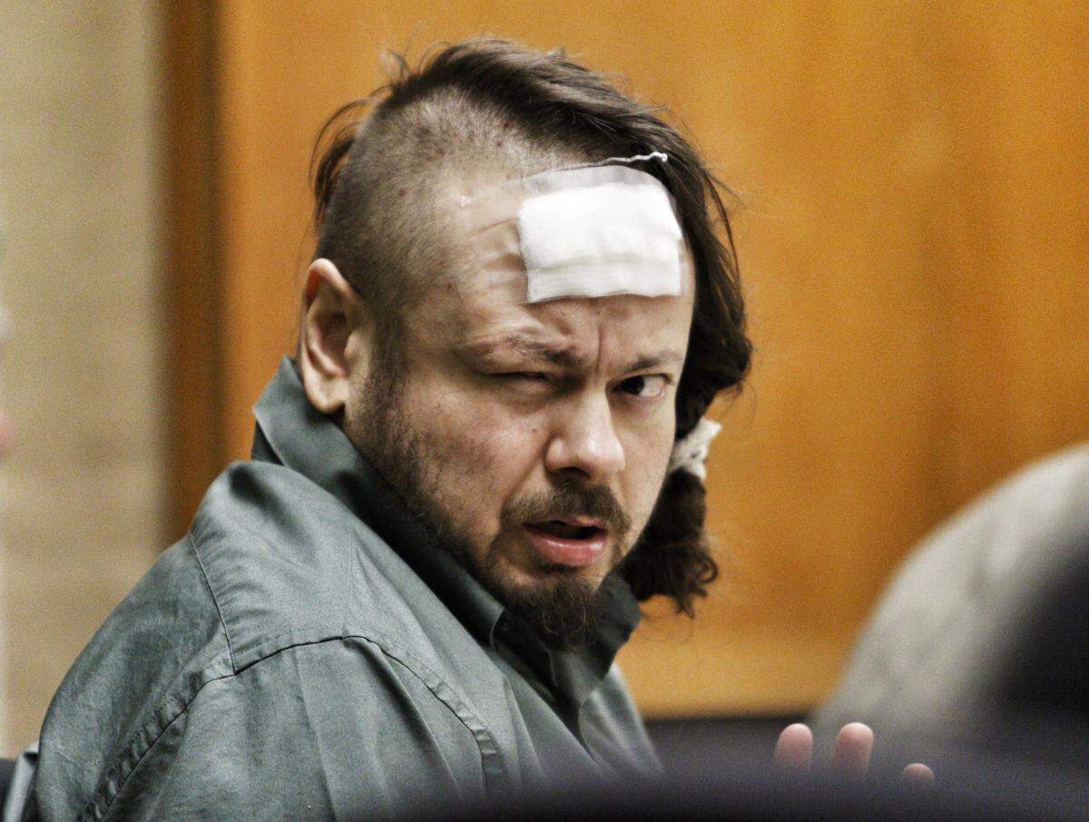 Andrew Gilbertson, shown here during his 2015 bank robbery trial, was arrested on Sept. 1, 2021, for attempting to rob another bank in Paso Robles. Gilbertson made headlines in 2015 when he ate his own feces during his trial.