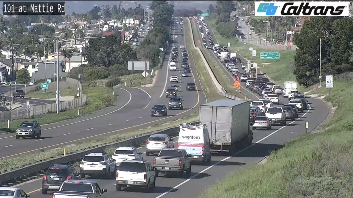 Traffic backs up on northbound Highway 101 at Mattie Road in Pismo Beach on Saturday, Jan. 28, 2023.