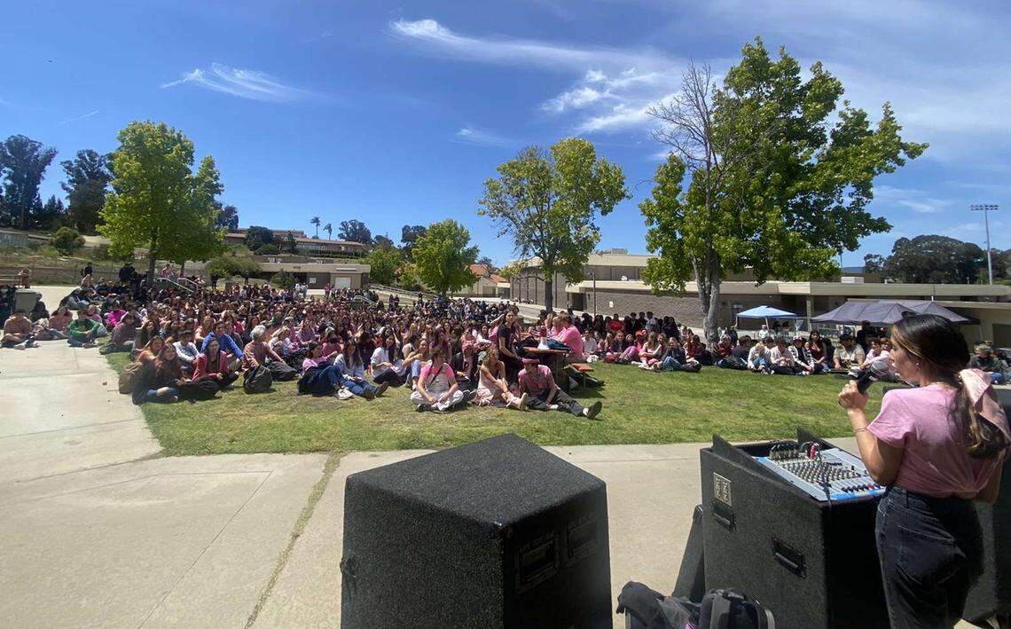 About 400 San Luis Obispo High School students skipped class on May 12, 2022, to rally for reproductive and abortion rights. The event was spurred by a leaked draft U.S. Supreme Court opinion that would overturn Roe v. Wade.