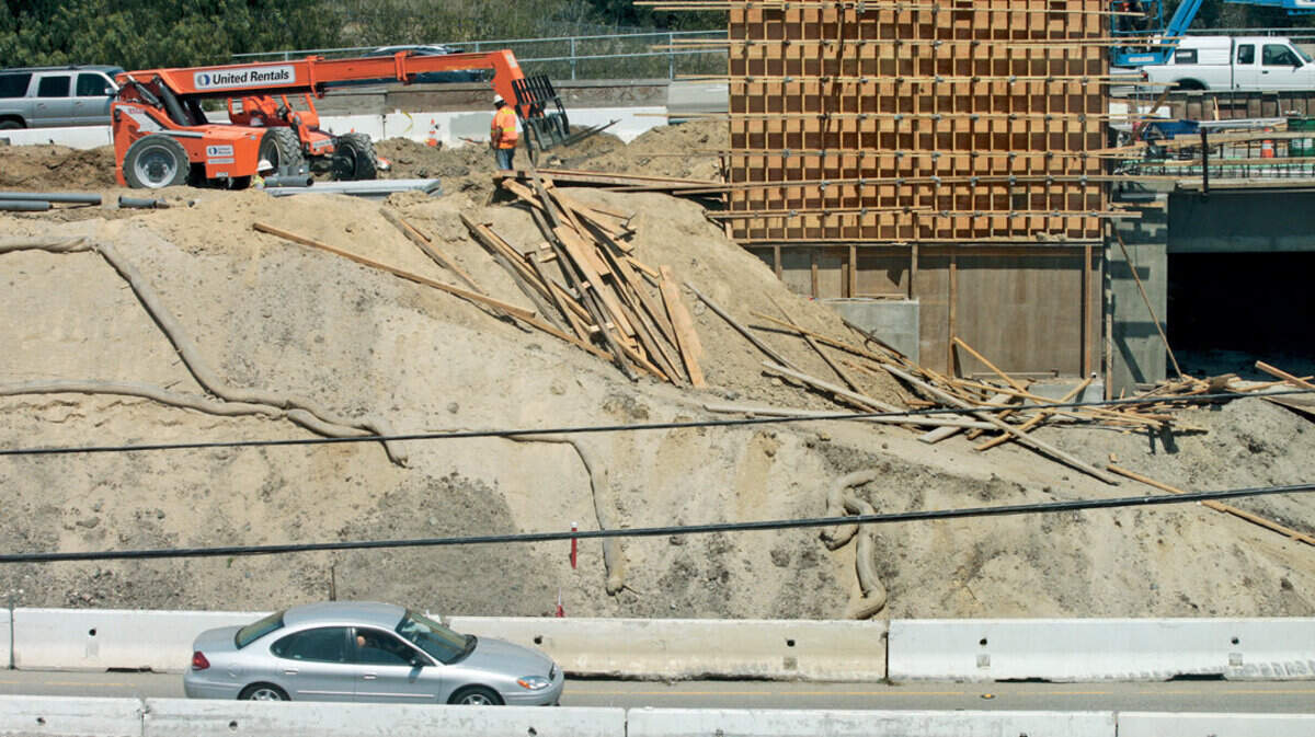 Construction continues July 30, 2015, on the Los Osos Valley Road interchange at Highway 101.