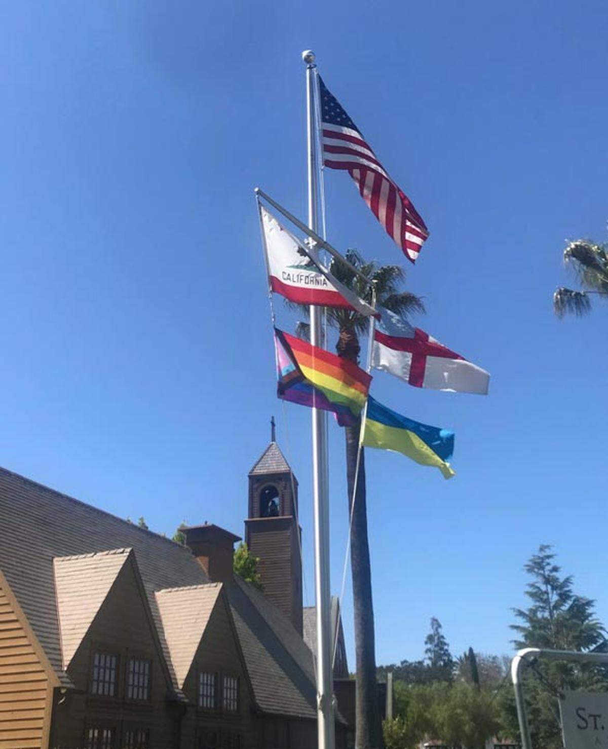 A pride rainbow flag flies in Los Olivos. Vandals cut down and stole the flag at St. Mark’s-in-the-Valley Church.