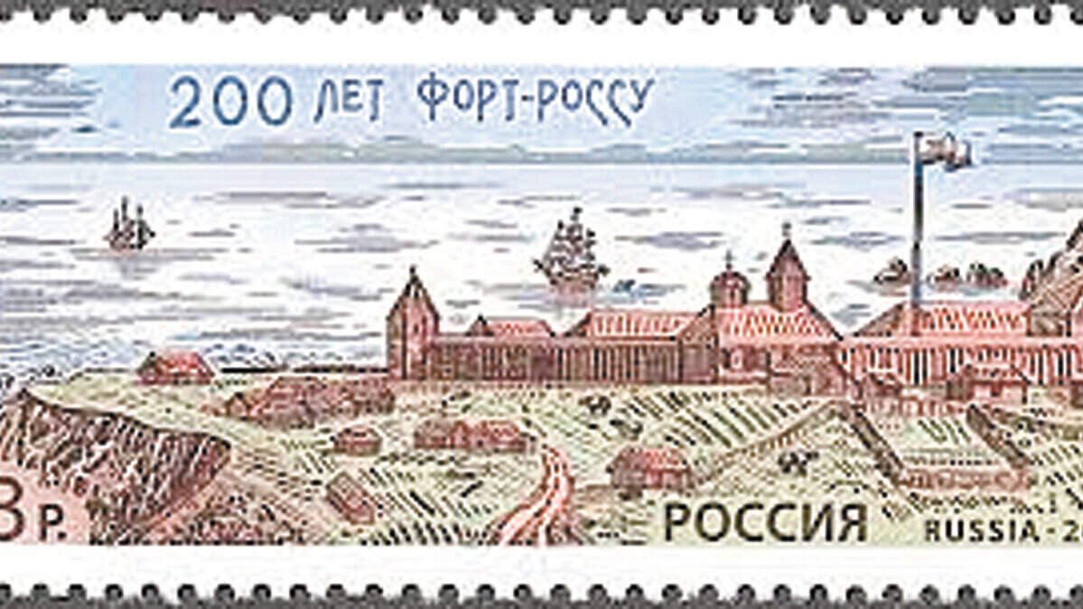 A 2012 Russian postage stamp has Auguste Duhaut-Cilly's 1828 image of Fort Ross.