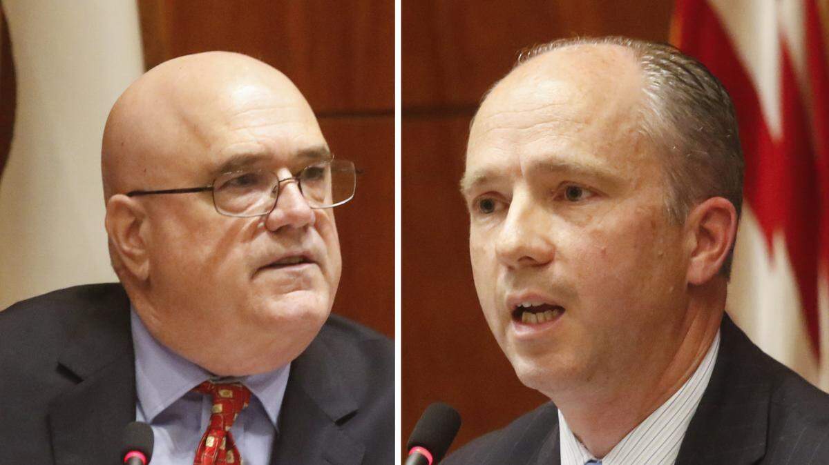 Incumbent District Attorney Dan Dow, right, is facing challenger Judge Mike Cummins in the race for San Luis Obispo County District Attorney.