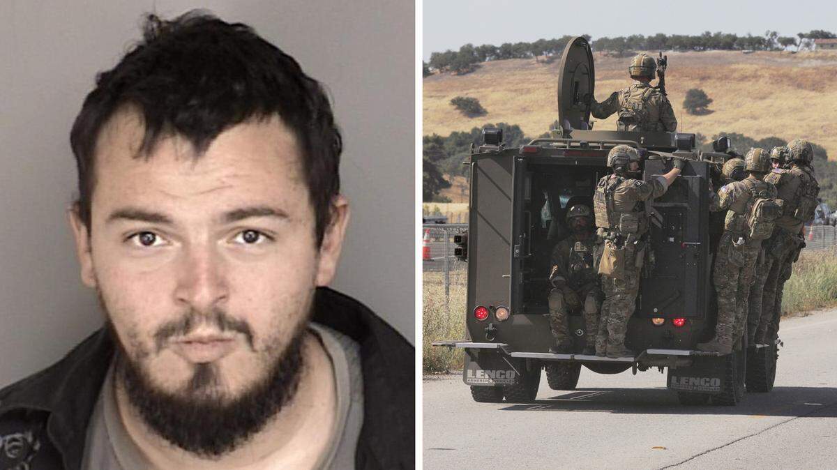 Mason James Lira (left), 26, died during a shootout in Templeton on June 10, 2020, a day after he killed a homeless man and opened fire on the Paso Robles Police Department, kicking off a multi-day search through the city and into the Salinas riverbed that brought more than 180 law enforcement officers to SLO County, many patrolling in armored BearCat vehicles (right). 